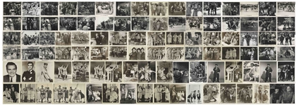 Moe Howard's Lot of 100 Glossy 10'' x 8'' Photos of the Three Stooges With Curly Joe -- Most All From Their Films, a Few From Appearances -- Very Good Plus